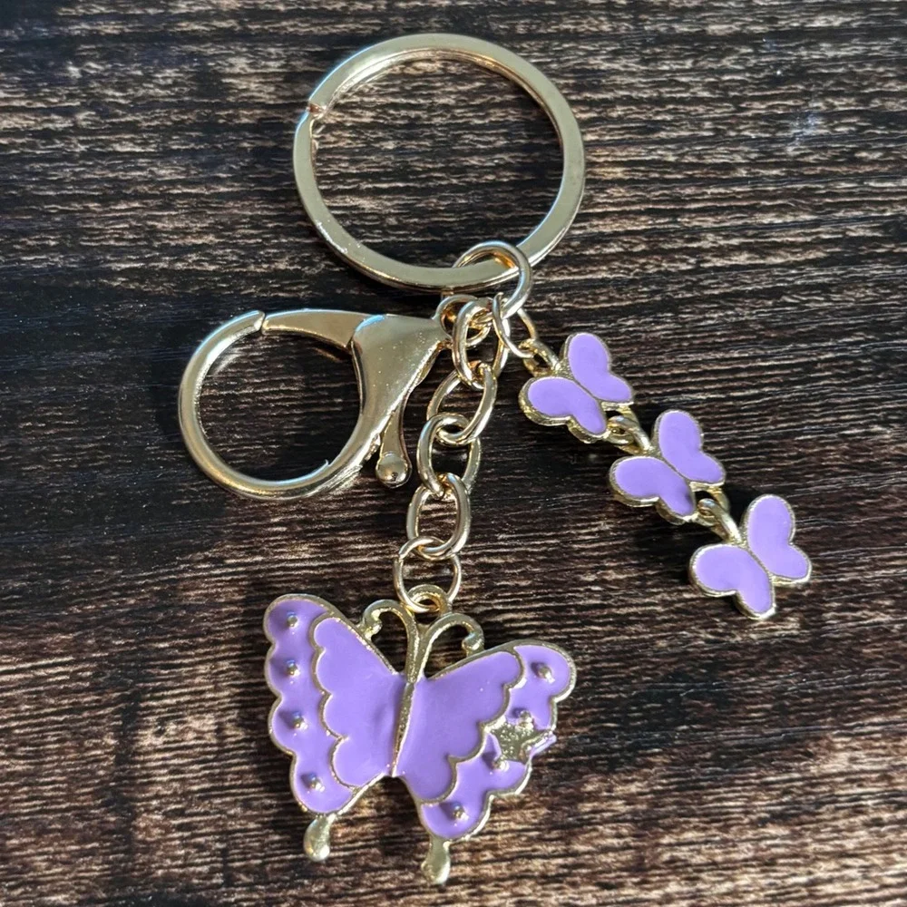 Purple Butterfly Enamel Keychain Gold Tone Bag Charm Lobster Clasp Accessory
